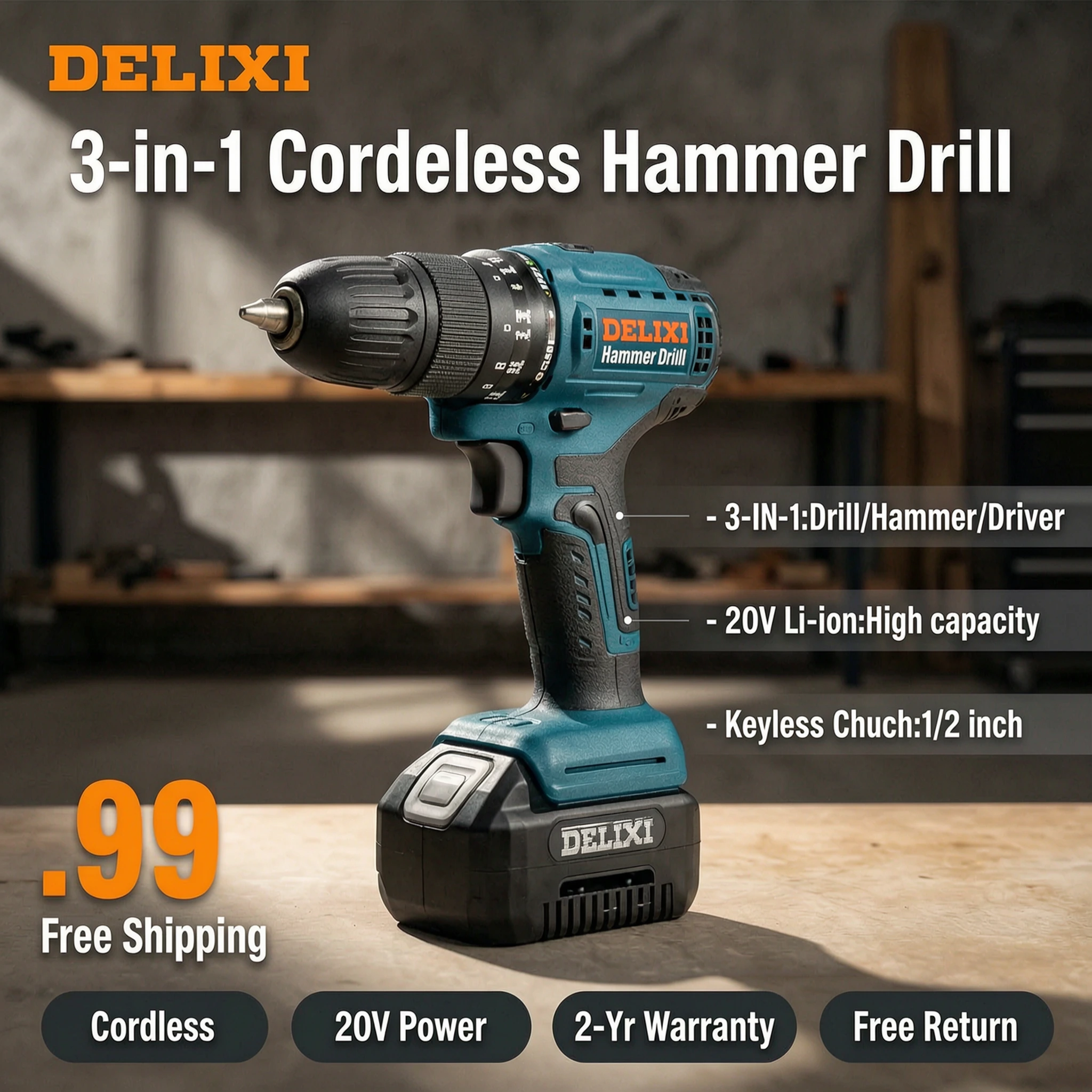 DELIXI 3-in-1 Cordless Hammer Drill 21V Brushless