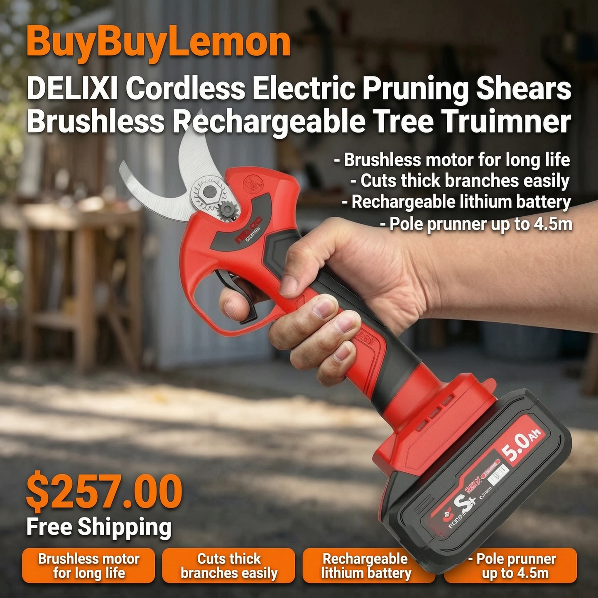 DELIXI Cordless Electric Pruning Shears Brushless Rechargeable Tree Trimmer