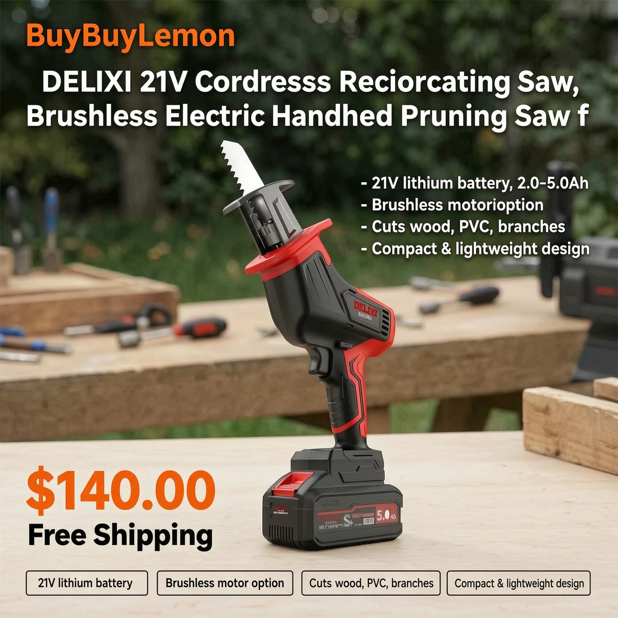 DELIXI 21V Cordless Reciprocating Saw, Brushless Electric Handheld Pruning Saw for Wood, P