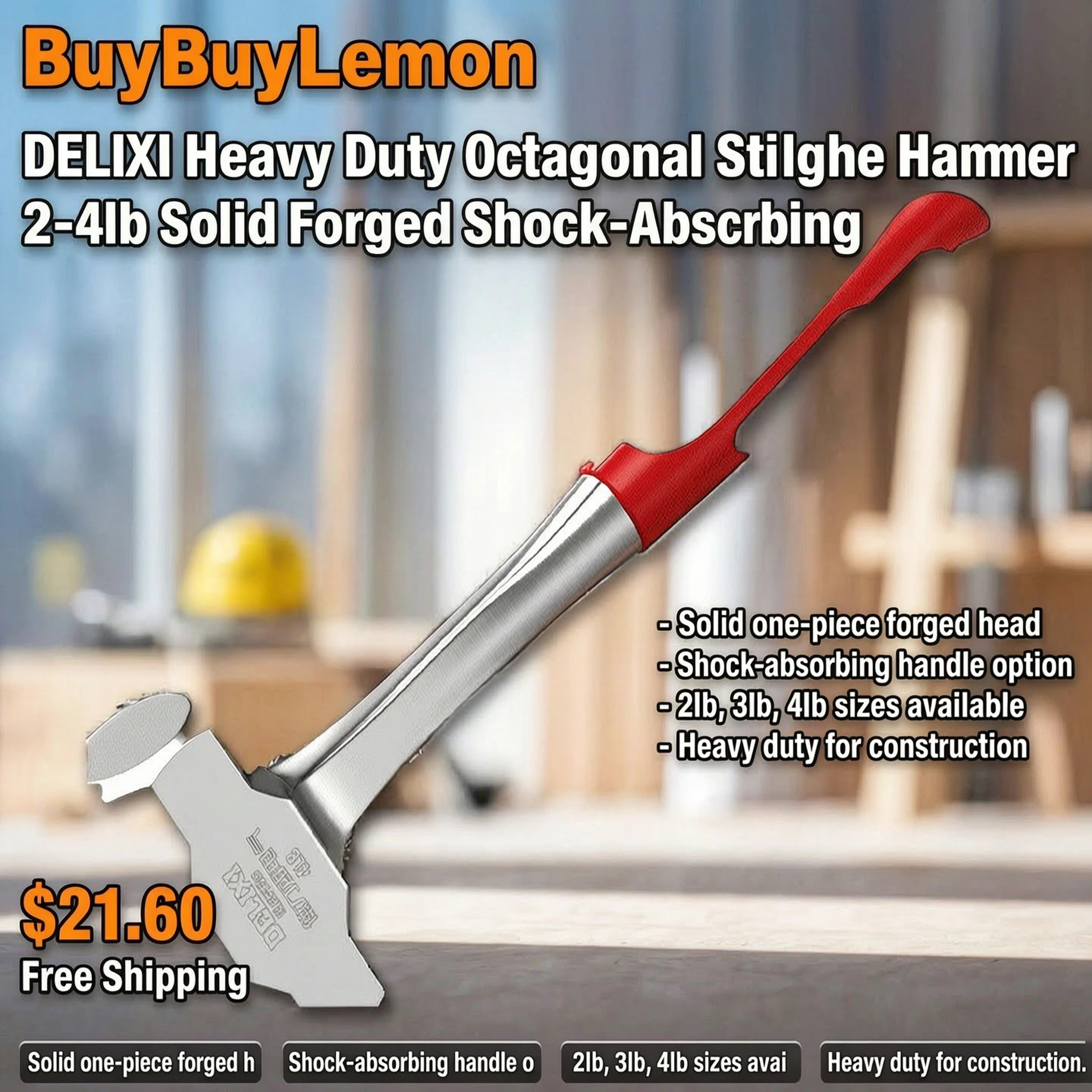 DELIXI Heavy Duty Octagonal Sledge Hammer 2-4lb Solid Forged Shock Absorbing