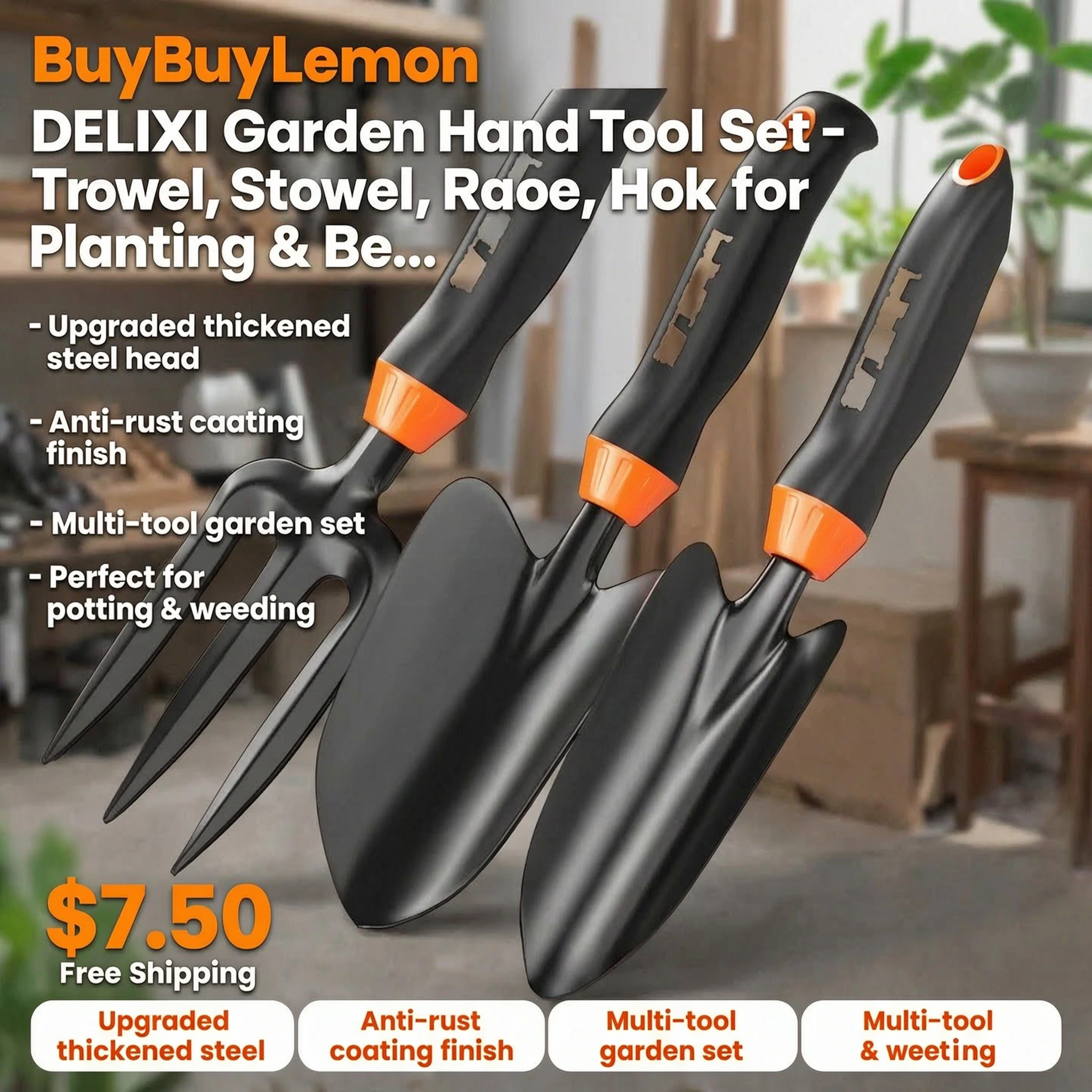 DELIXI Garden Hand Tool Set - Trowel, Shovel, Rake, Hoe, Fork for Planting & Beach Sand